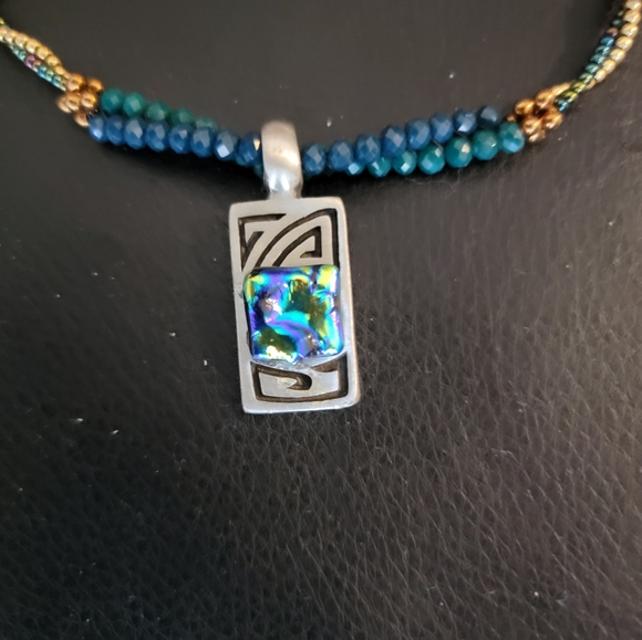 18" Beaded Gold and Green necklace with 1" silver Pendant with rainbow stone - Picture 8 of 11